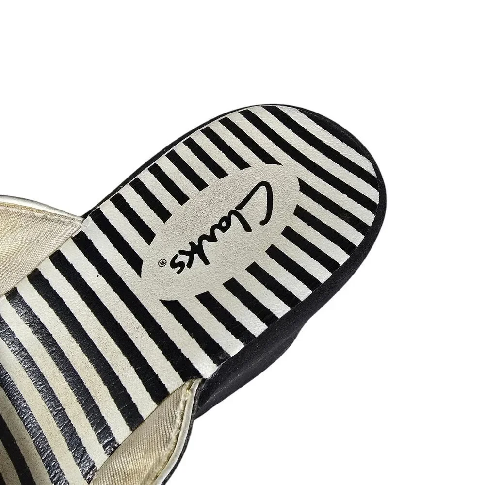Clarks Black and White Wedge Sandals with Striped Footbed